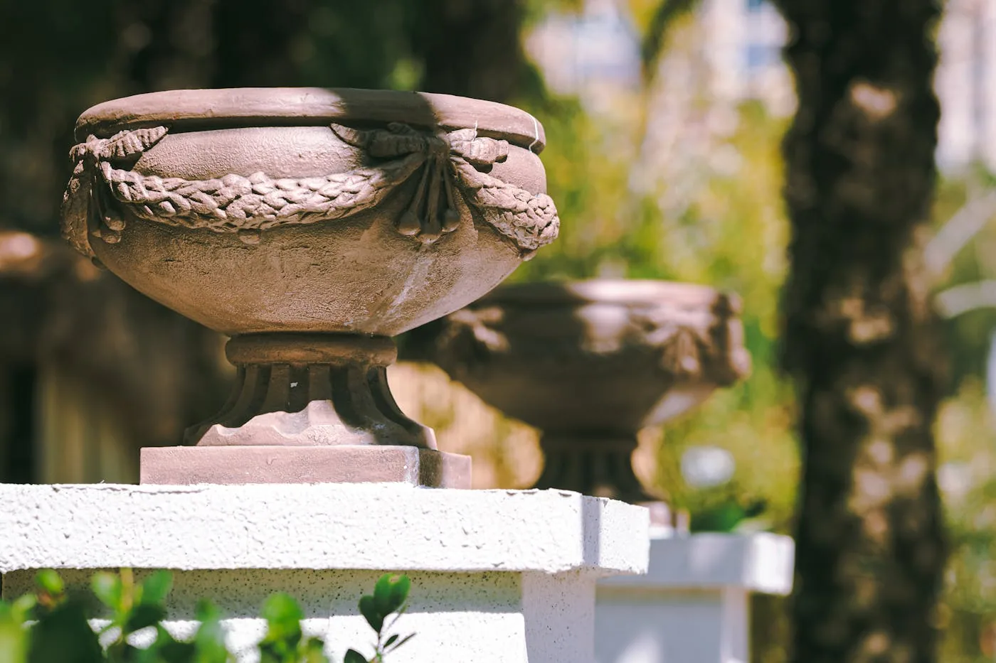 Memorial urns at a peaceful Singapore cemetery setting